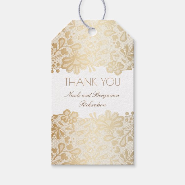 Étiquettes-cadeau Or dentelle blanc mariage élégant (Devant)
