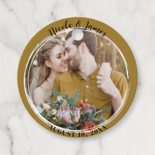 Étiquettes Cadeau Or Doré Rustique Minimaliste Rond Mariage Photo Te