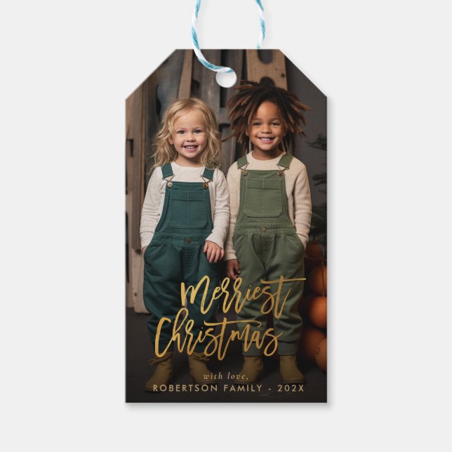 Étiquettes-cadeau or élégant script joyeux Noël photo vacances (Devant)