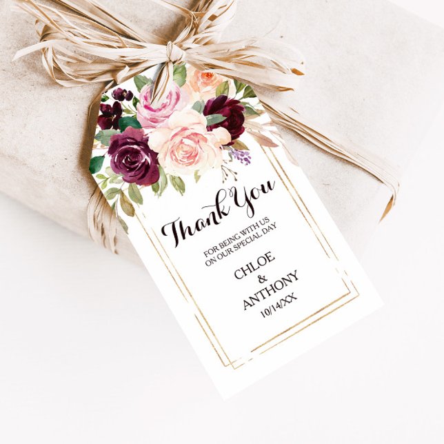 Étiquettes-cadeau Or Géométrique Vert Bourgogne Merci Floral (Créateur téléchargé)