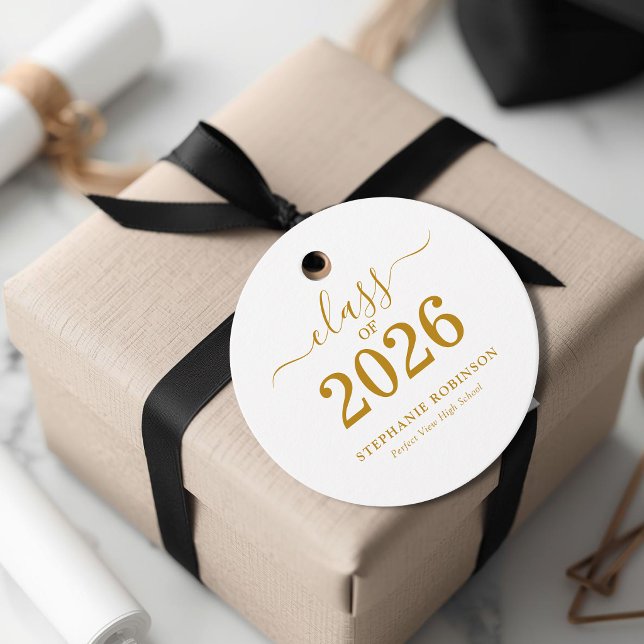 Étiquettes Cadeau Or Moderne Classe de 2026 Script Doré (Créateur téléchargé)
