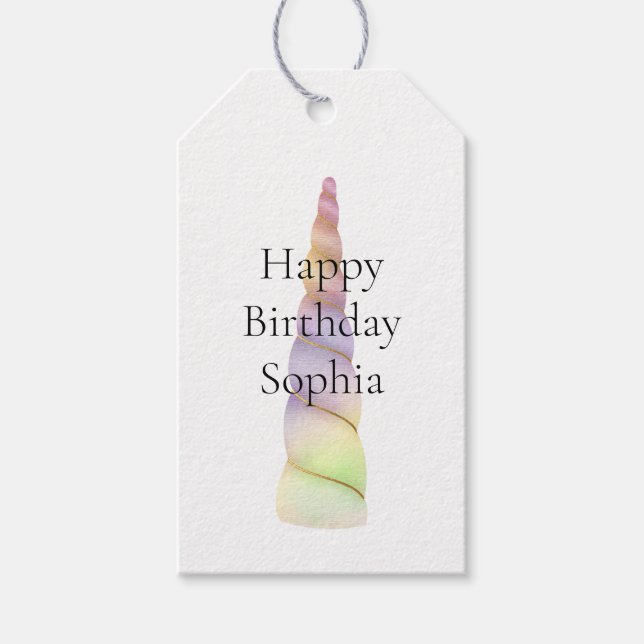 Étiquettes-cadeau Or rose pourpre Lime Unicorne Anniversaire (Devant)