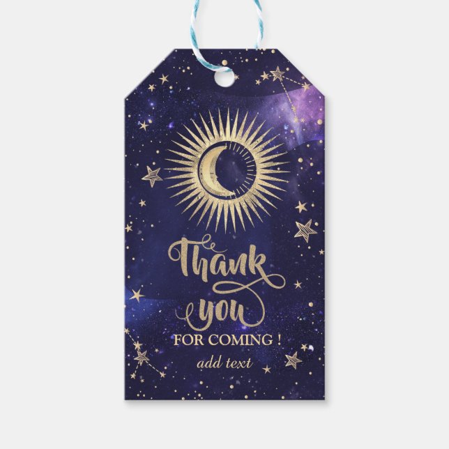 Étiquettes-cadeau Or Soleil Céleste, Lune, Étoiles Violet (Devant)