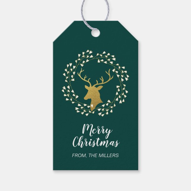 Étiquettes-cadeau Or & Vert | Moderne Cerf Joyeux Noël (Devant)