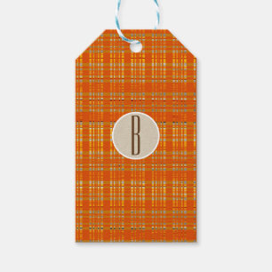 Étiquettes-cadeau Orange à carreaux et brun Kraft rustique monogramm