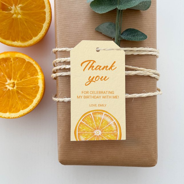 Étiquettes-cadeau Orange Agrumes Fruit personnalisé Merci d'annivers (Disclaimer: Designer uploaded mockup. Final product may differ. See Zazzle's previews for more.)