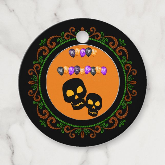 Étiquettes Cadeau Orange Green Black Skuls Happy Halloween Ballons (Devant)