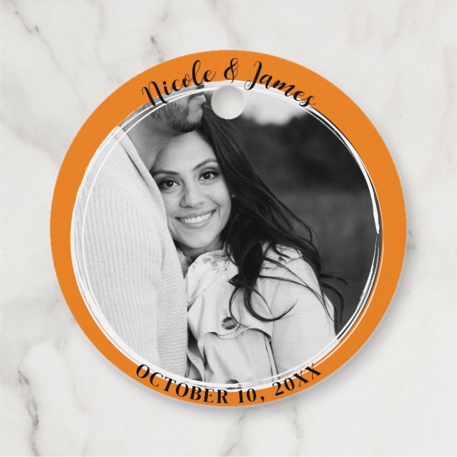 Étiquettes Cadeau Orange Minimal Tendance Rond Photo Mariage Faveur (Dos)