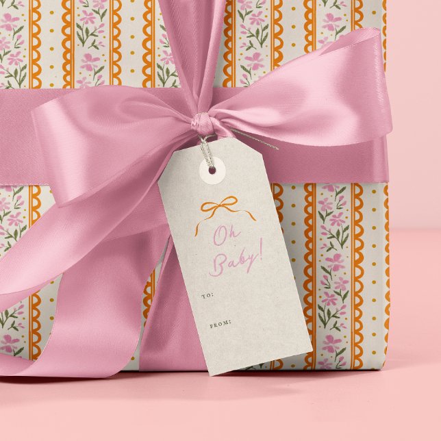 Étiquettes-cadeau Orange Simple Bow Pink Oh Baby (Oh Baby gift tag with orange bow illustration)