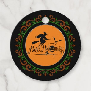Étiquettes Cadeau Orange Vert Joyeux Halloween Sorcière Et Chauves-s