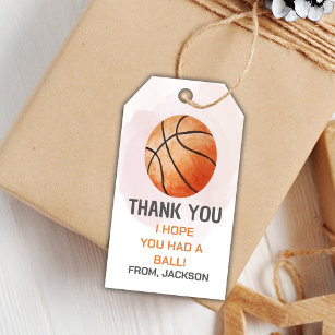 Étiquettes-cadeau Orange Watercolor Basketball Anniversaire Tags cad
