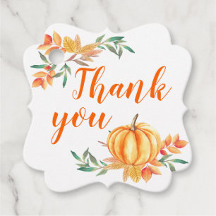 Étiquettes Cadeau Orange Watercolor Citrouille de chute Feuilles Mer