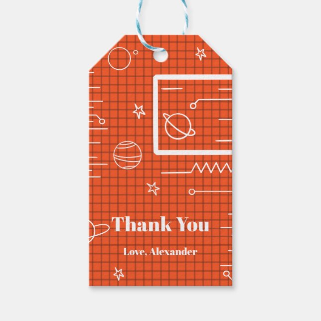 Étiquettes-cadeau Orange White Spacship Screen Space Thème Anniversa (Devant)