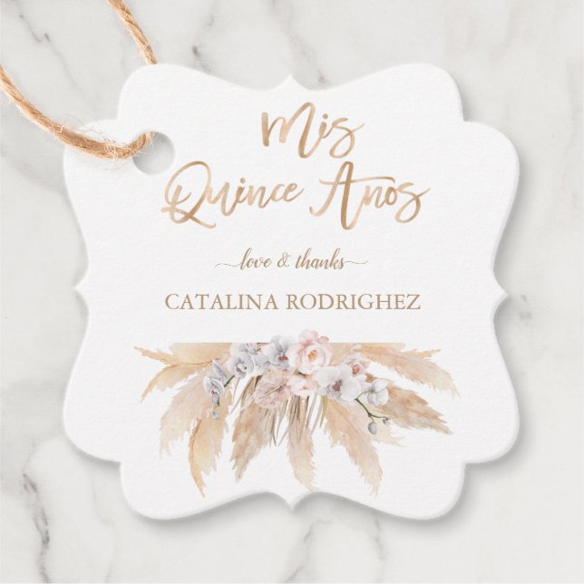 Étiquettes Cadeau Orchidée blanche Blush Roses Pampas Grass Quinceañ (Devant)