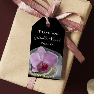 Étiquettes-cadeau Orchidée rose et perles sur Black Wedding Favor Ta