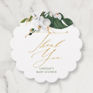 Étiquettes Cadeau Orchidées blanches et Merci de Baby shower feuille