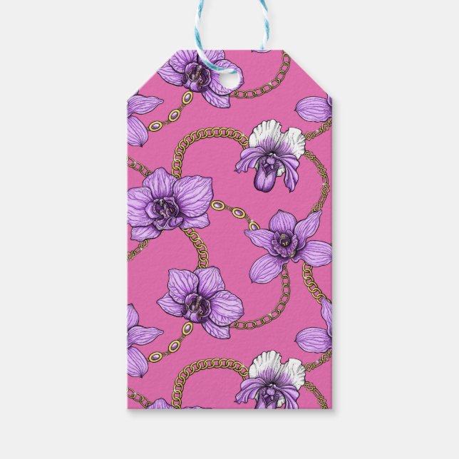 Étiquettes-cadeau Orchidées et chaînes, violet et rose (Devant)