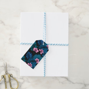 Étiquettes-cadeau Orchidées et feuilles de palmiers, rose et bleu su