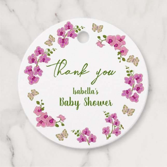 Étiquettes Cadeau Orchidées Papillon tropical Purple Pin Baby shower (Devant)