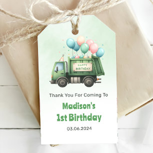 Étiquettes-cadeau Ordures Camion 1ère fête d'anniversaire