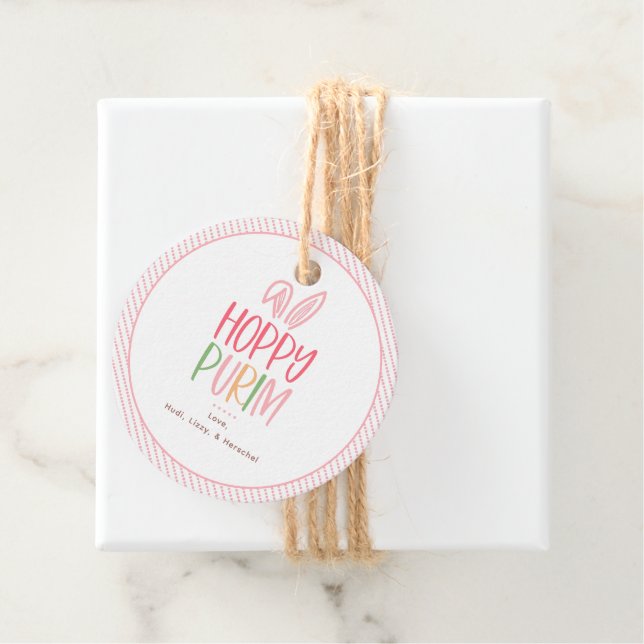 Étiquettes Cadeau Oreilles de lapin de Pourim joyeux (En situation)