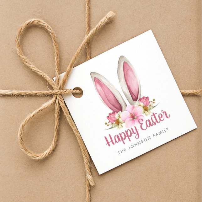 Étiquettes Cadeau Oreilles de Lapin Florales Roses Mignonnes Joyeux  (Cute Pink Floral Bunny Ears Happy Easter Favor Tags)