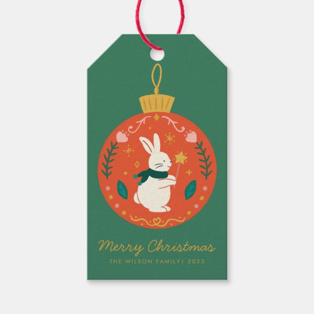 Étiquettes-cadeau Ornement de Noël lapin à l'aquarelle  (Devant)