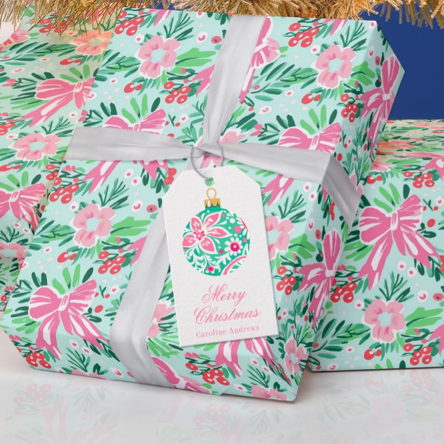 Étiquettes-cadeau Ornement de Noël rose et vert Preppy (Créateur téléchargé)