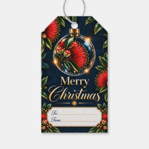 Étiquettes-cadeau Ornement floral rouge de Pōhutukawa Joyeux Noël