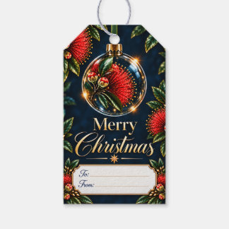Étiquettes-cadeau Ornement floral rouge de Pōhutukawa Joyeux Noël