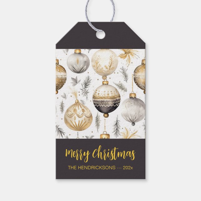 Étiquettes-cadeau Ornements de Noël en argent noir or (Devant)