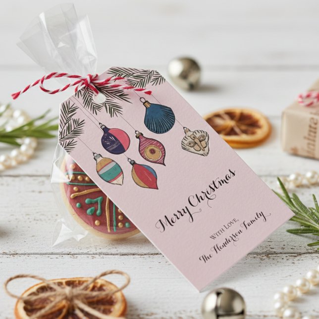 Étiquettes-cadeau Ornements de Noël rose vif coloré (Elegant Rustic Blush Pink Vintage Christmas Ornament Gift Tags. Simple Red Gold Ornaments, Greenery)