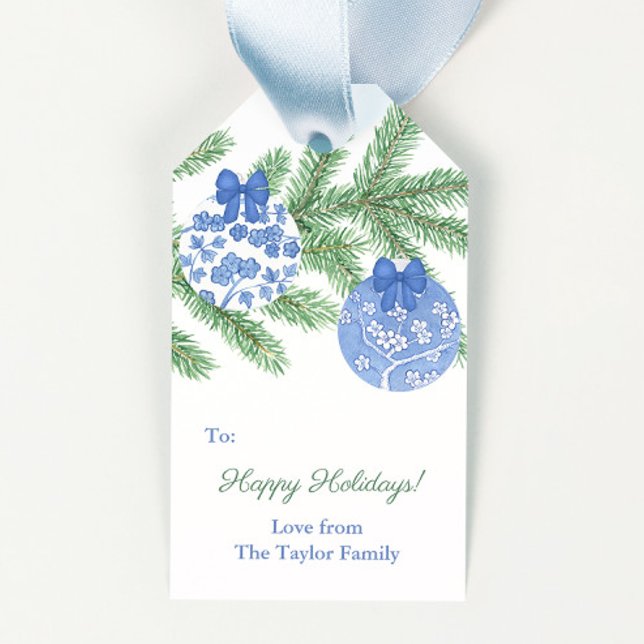 Étiquettes-cadeau Ornements de pot à gingembre classique Joyeux Noël (Hand painted in watercolor blue and white cherry blossom chinoiserie merry christmas gift tags)