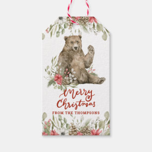 Étiquettes-cadeau Ours à braguer avec des fleurs   Joyeux Noël