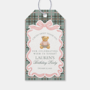 Étiquettes-cadeau Ours à nœud papillon rose Coquette Tartan pour fêt