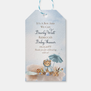 Étiquettes-cadeau Ours   Baby shower Bearly Wait Boy Parapluie bleu