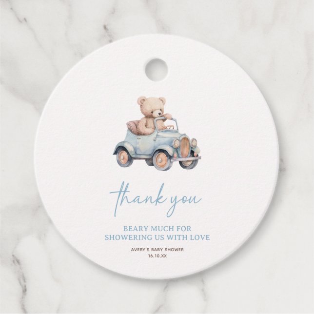 Étiquettes Cadeau Ours Bleu Teddy Nous Pouvons Attendre Baby shower (Devant)