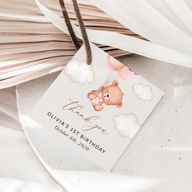 Étiquettes Cadeau Ours De Bébé, Ballons Roses, Premier Anniversaire (Créateur téléchargé)