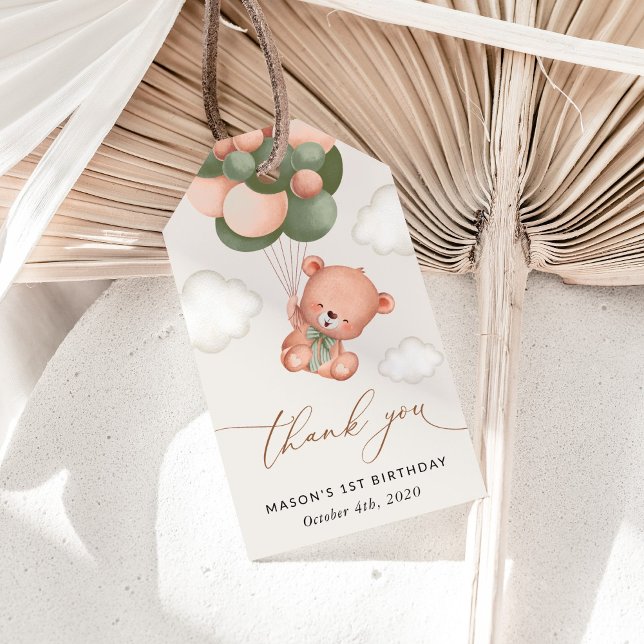 Étiquettes-cadeau Ours de bébé, Ballons verts, Premier anniversaire (Créateur téléchargé)