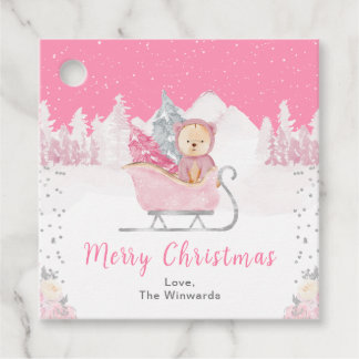 Étiquettes Cadeau Ours d'hiver Rose Traîneau Joyeux Noël