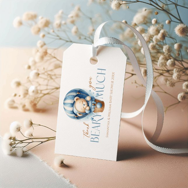 Étiquettes-cadeau Ours en montgolfière bleu pour Baby Shower Remerci (Créateur téléchargé)