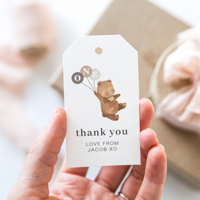 Étiquettes-cadeau Ours en peluche 3 ballons Brown - Merci (Zazzle Teddy Bear 3 Brown Balloons - 1st BIrthday Gift Tag)