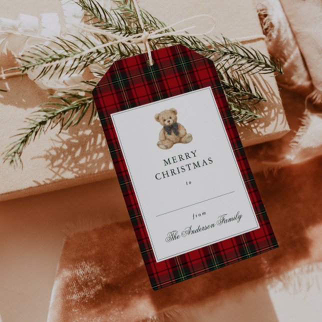 Étiquettes-cadeau Ours en peluche à carreaux rouges Noël (Créateur téléchargé)