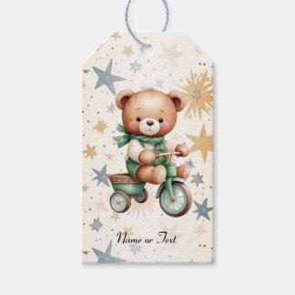 Étiquettes-cadeau Ours en peluche aquarelle étoiles vélo vert fête