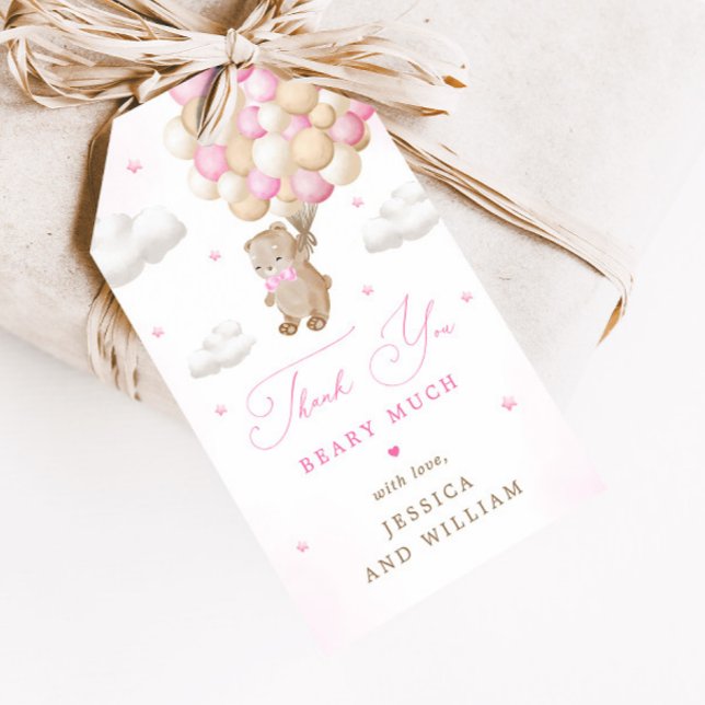 Étiquettes-cadeau Ours en peluche avec Baby shower à ballons roses (Créateur téléchargé)