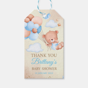 Étiquettes-cadeau Ours en peluche avec ballons et nuages brun et ble