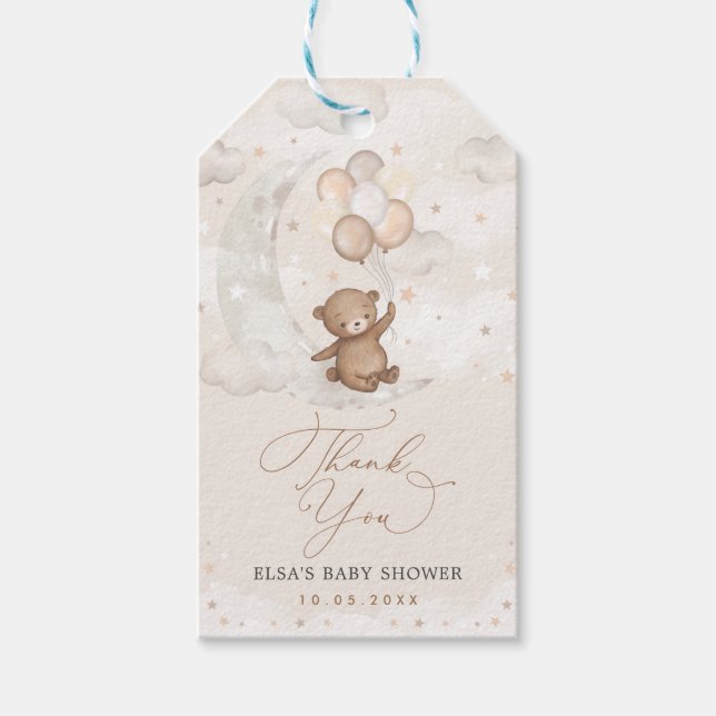 Étiquettes-cadeau Ours en peluche avec ballons sur la lune de croiss (Devant)