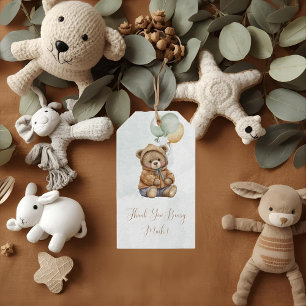 Étiquettes-cadeau Ours en peluche Fête bébé Ballons Vert sauge Brun