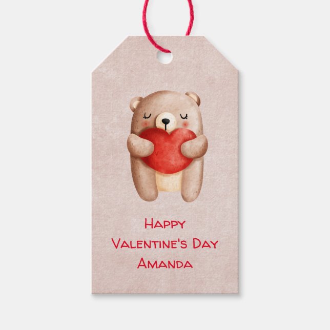 Étiquettes-cadeau Ours en peluche mignonne portant un coeur rouge Sa (Devant)