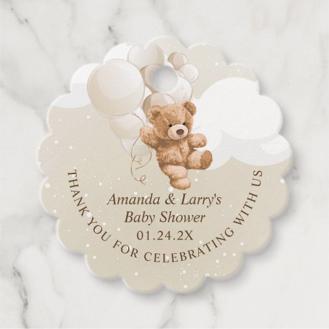 Étiquettes Cadeau Ours en peluche neutre avec ballons (Devant)